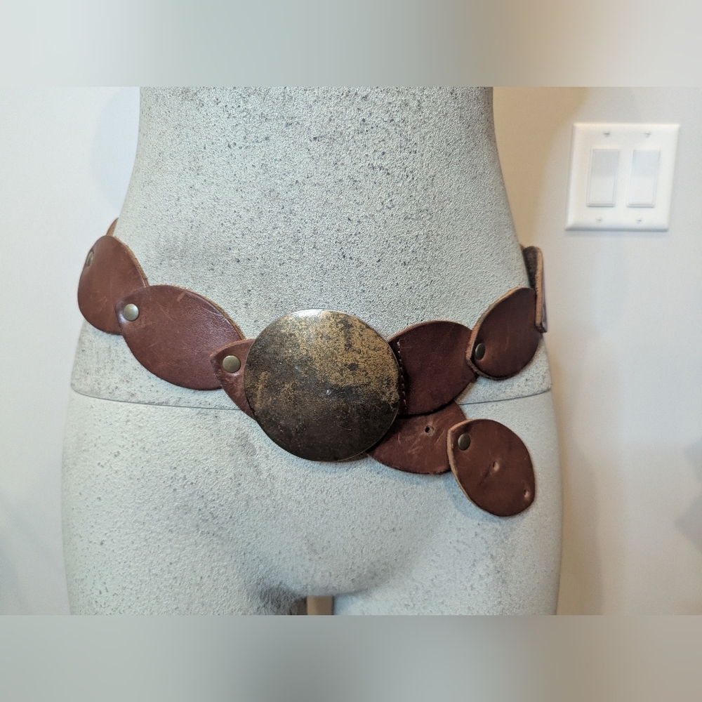 Vintage Leather disk rivet belt with brass metal buckle boho western 39.5"/85
